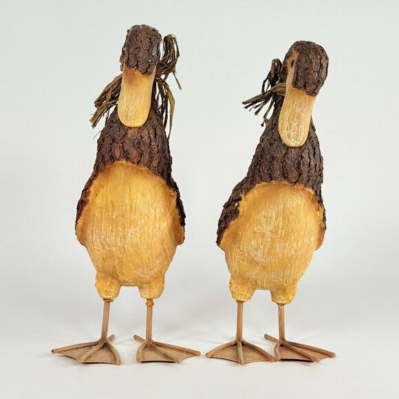 Rustic Style 2 Wood Duck Handcrafted Decor With Bark Like Texture Metal Feet - Picture 3 of 15